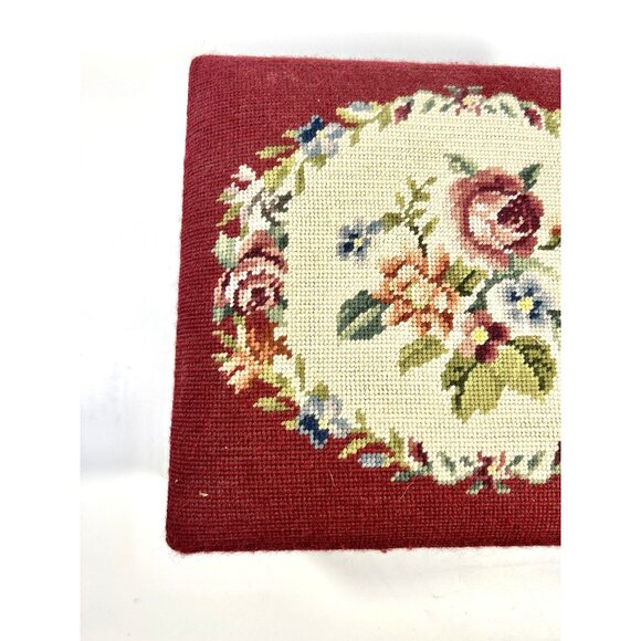 Mahogany Footstool Floral Needlepoint Cushion Foot Rest Vintage Flowers Burgandy - Picture 3 of 16